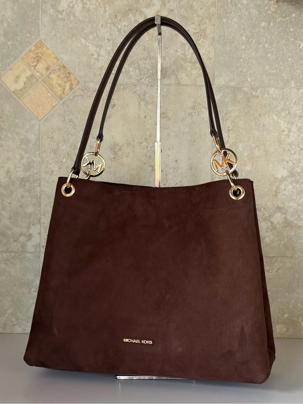 Michael Kors Christina LG MK Logo Chain Shoulder Tote Bag Dark Brown